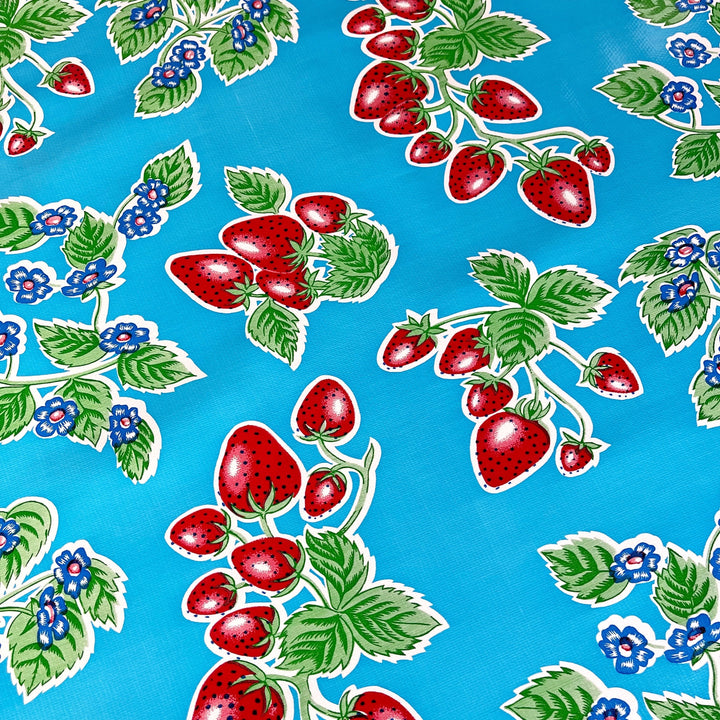 Craftermoon - Forever Strawberry Oilcloth Fabric in Light Blue by the Yard