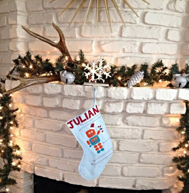 Craftermoon - Robot Heirloom Wool Felt Christmas Stocking with Santa Hat and Candy Cane 2