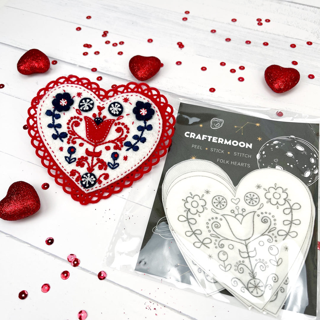 Craftermoon - Valentines peel and stitch embroidery patterns, folk heart embroidery patches 6