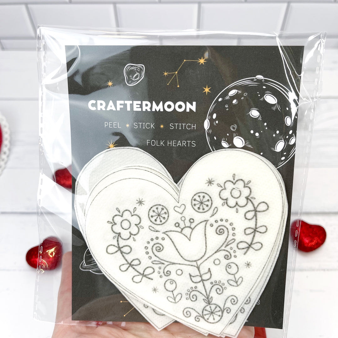 Craftermoon - Valentines peel and stitch embroidery patterns, folk heart embroidery patches 2