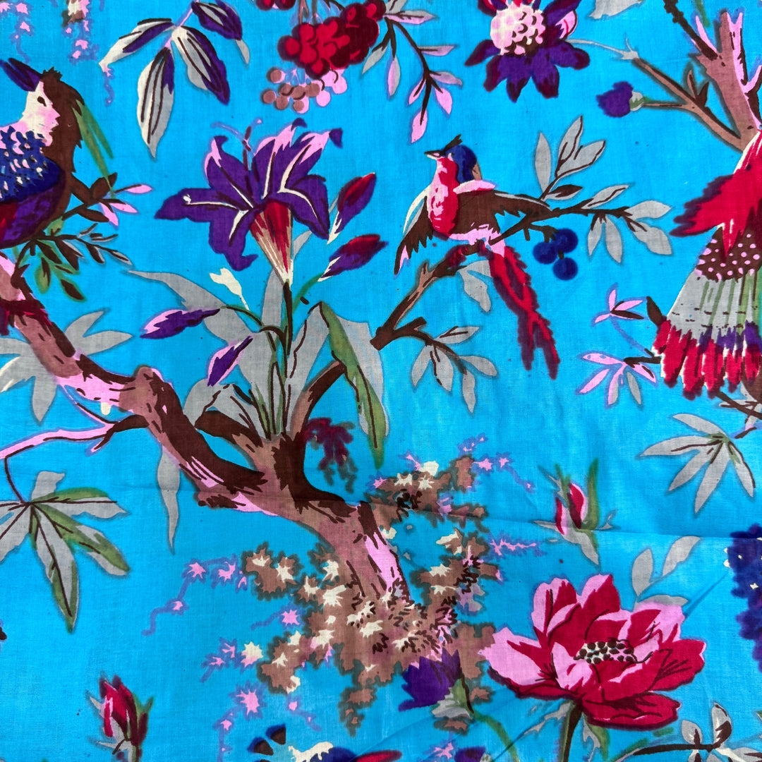 Blue Floral Bird Pattern Fabric Hand Printed Cotton