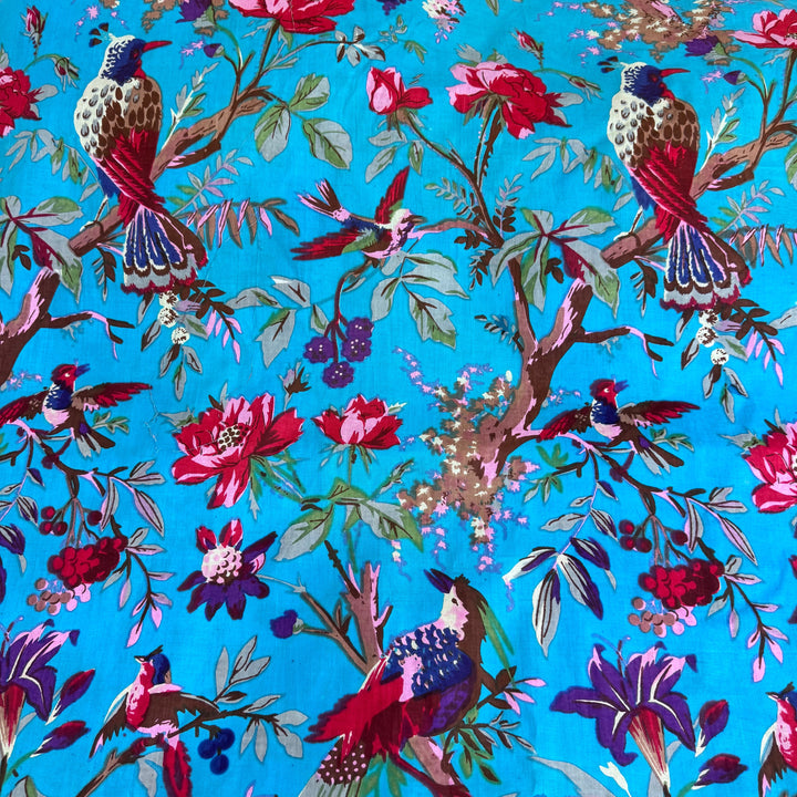 Blue Floral Bird Pattern Fabric Hand Printed Cotton