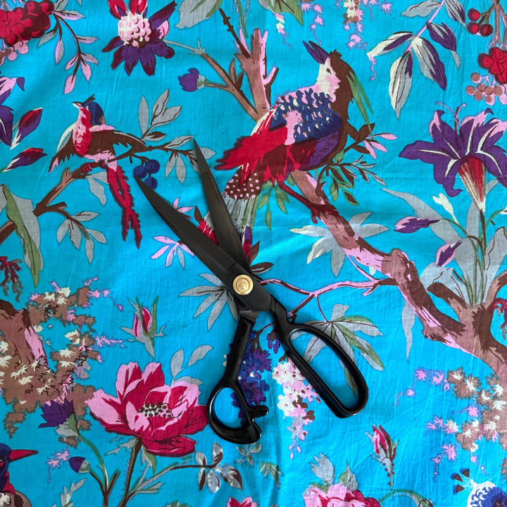 Blue Floral Bird Pattern Fabric Hand Printed Cotton
