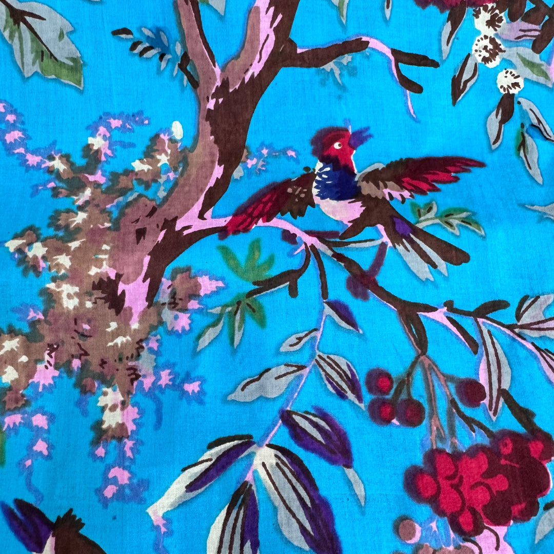 Blue Floral Bird Pattern Fabric Hand Printed Cotton