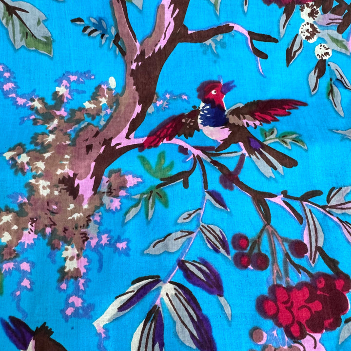 Blue Floral Bird Pattern Fabric Hand Printed Cotton
