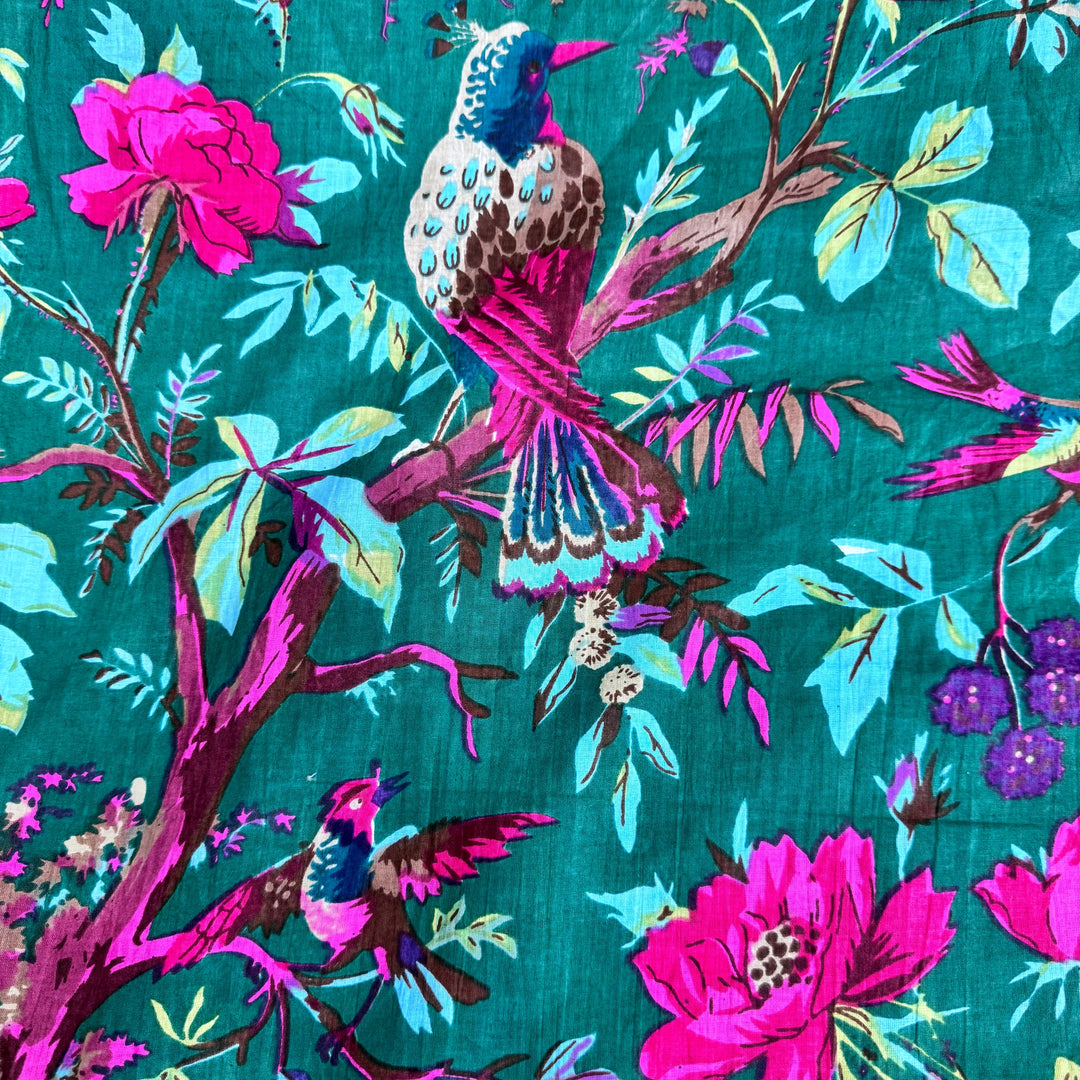 Green Floral Bird Pattern Fabric Hand Printed Cotton