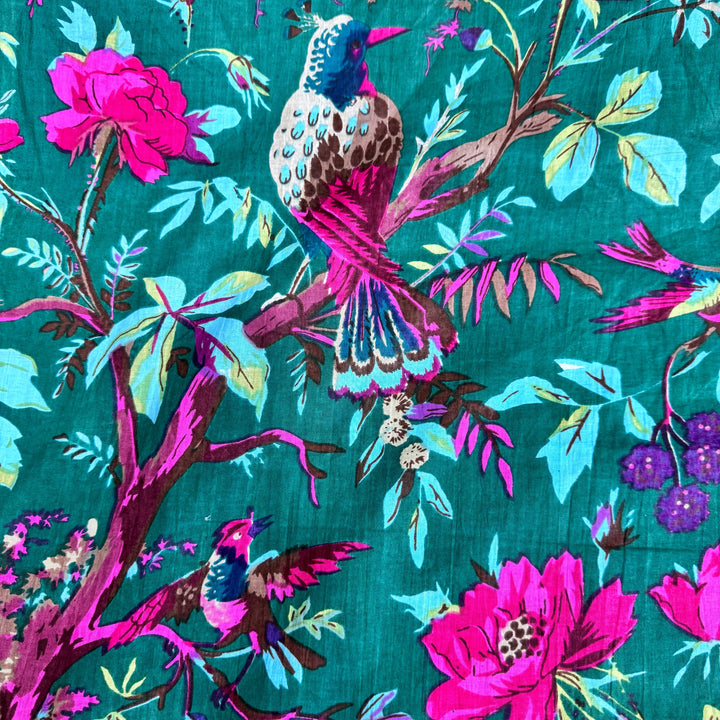 Green Floral Bird Pattern Fabric Hand Printed Cotton