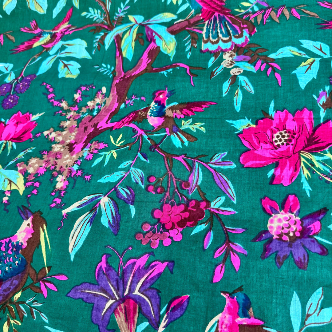 Green Floral Bird Pattern Fabric Hand Printed Cotton