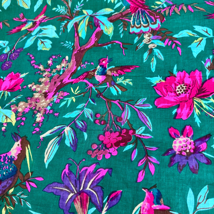 Green Floral Bird Pattern Fabric Hand Printed Cotton