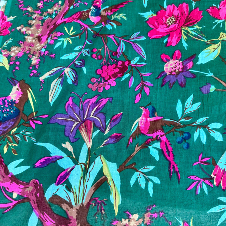 Green Floral Bird Pattern Fabric Hand Printed Cotton
