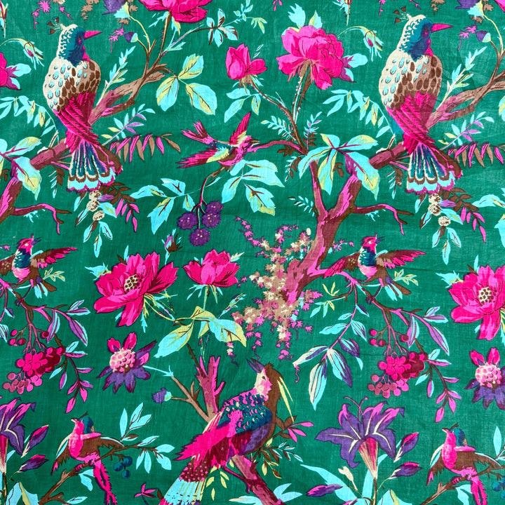 Green Floral Bird Pattern Fabric Hand Printed Cotton
