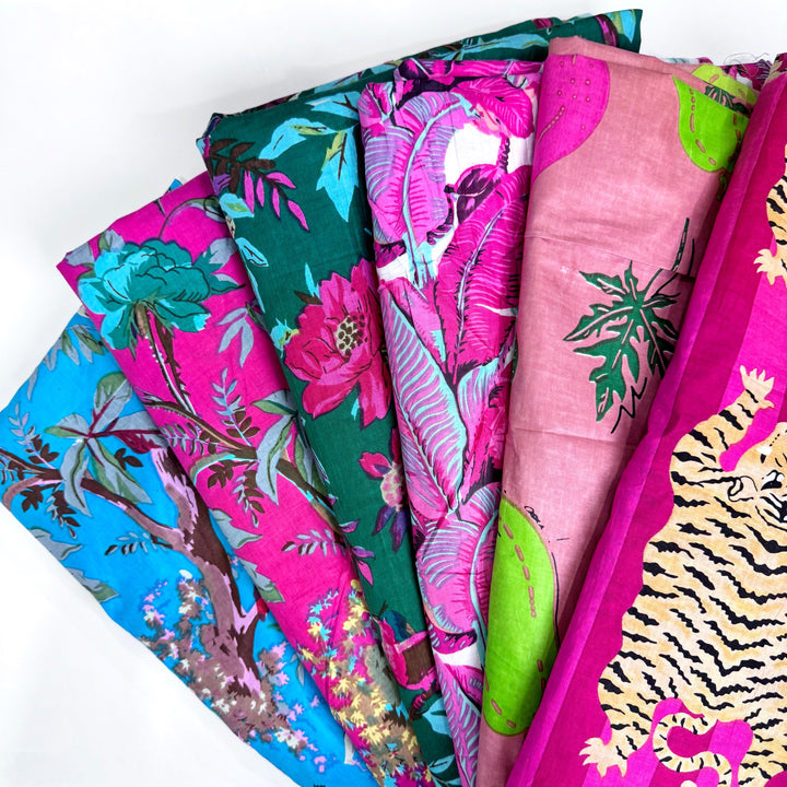 Pink Palm Patterned Fabric Hand Printed Cotton