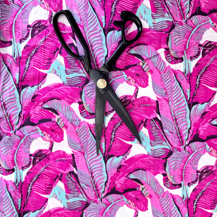 Pink Palm Patterned Fabric Hand Printed Cotton
