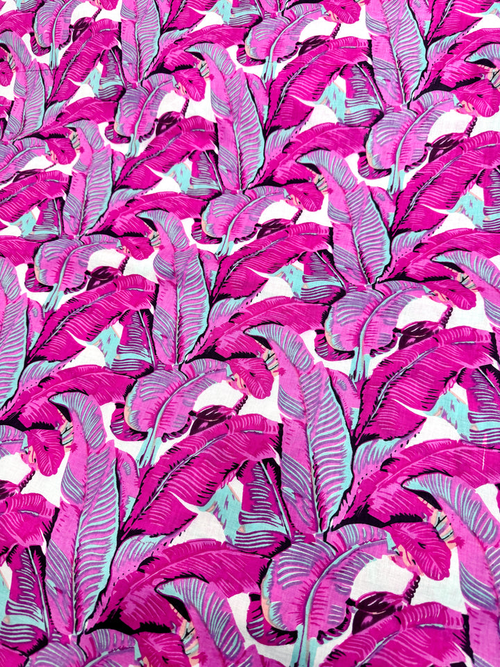 Pink Palm Patterned Fabric Hand Printed Cotton
