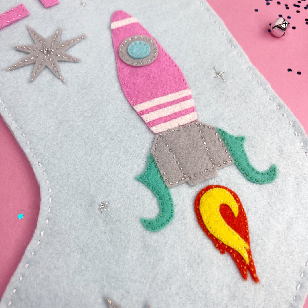 Craftermoon - Handmade Wool Blend Felt Pink Rocket Christmas Holiday Stocking 3