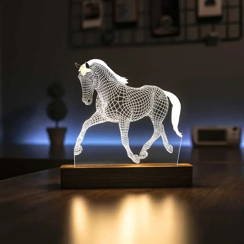Craftermoon - 3D Illusion Running Horse Led Lamp with Wood Base