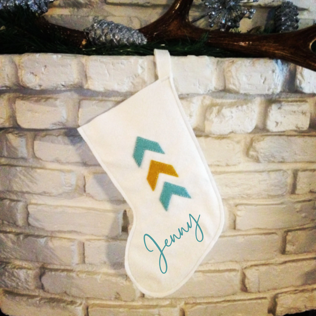 Craftermoon - White Wool Felt Christmas Stocking with Blue and Gold Chevron Pattern
