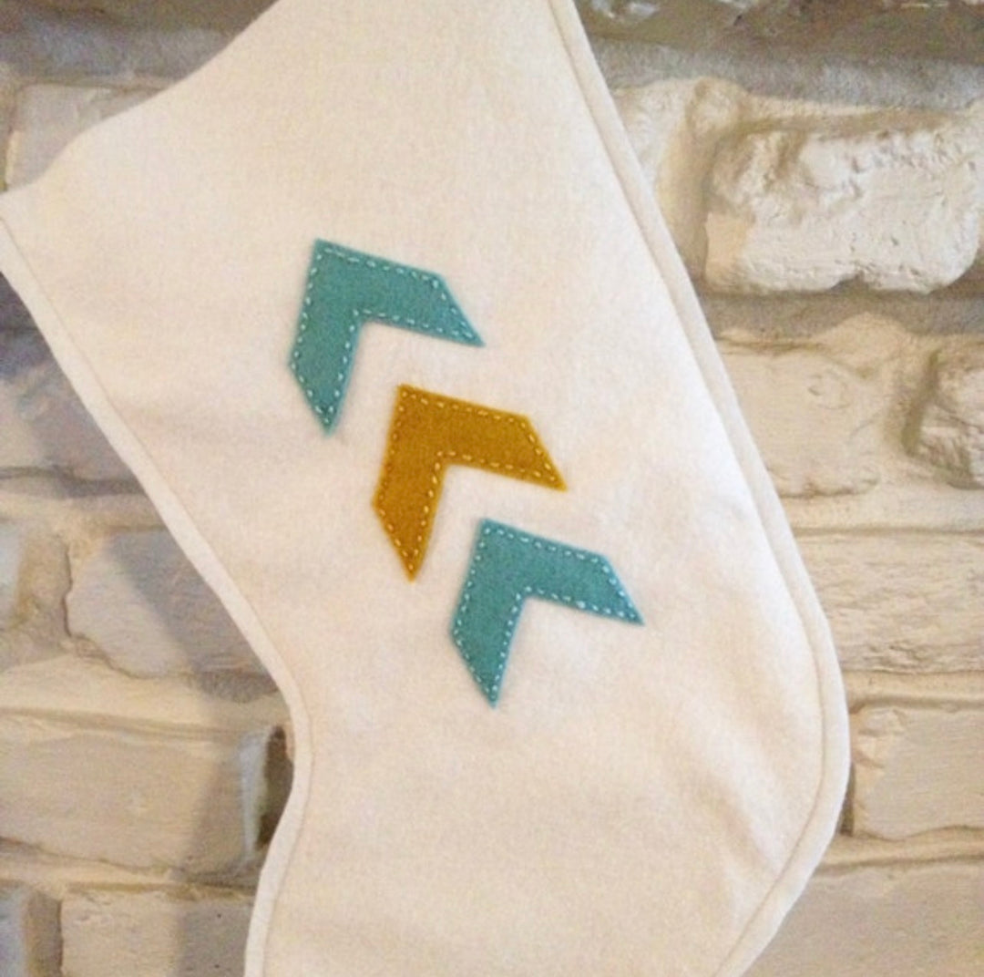 Craftermoon - White Wool Felt Christmas Stocking with Blue and Gold Chevron Pattern 2