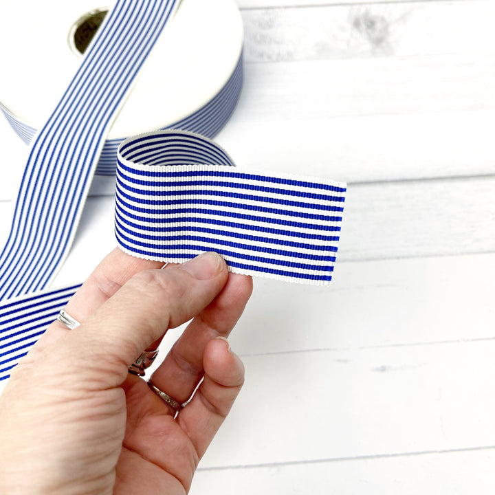 Craftermoon - Royal Blue & White Pencil Stripe Ribbon, sold by the yard 4