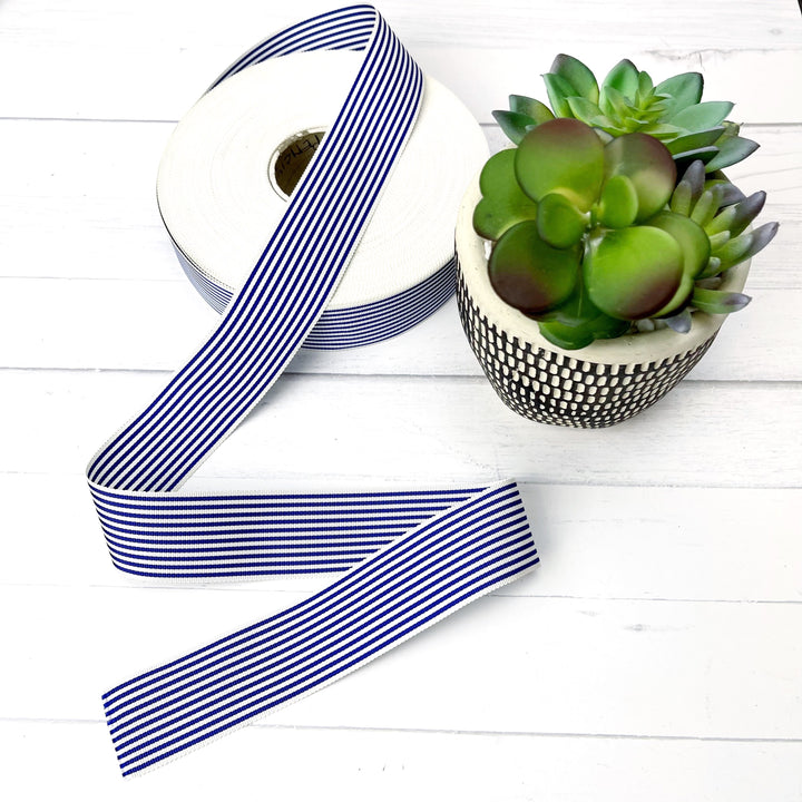 Craftermoon - Royal Blue & White Pencil Stripe Ribbon, sold by the yard