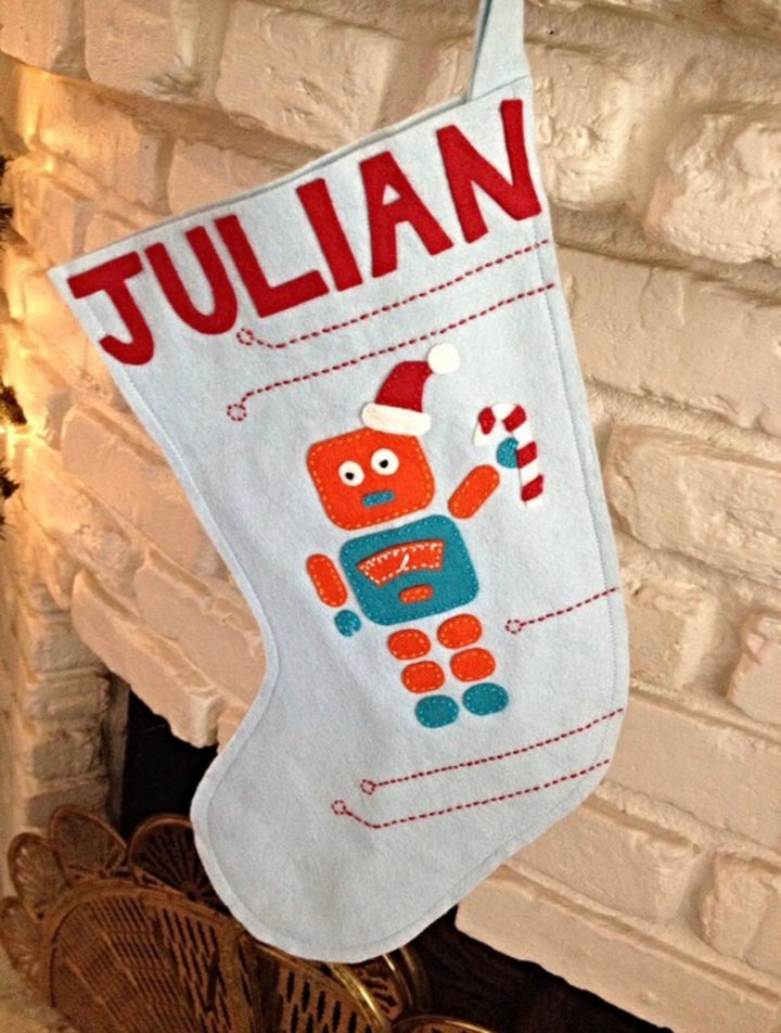 Craftermoon - Robot Heirloom Wool Felt Christmas Stocking with Santa Hat and Candy Cane